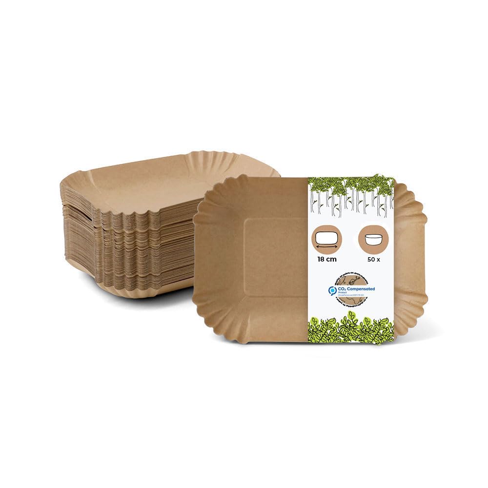 GREENBOX Pappschalen eckig 18 x 13 x 3 cm I Imbissteller braun aus Recyclingkarton für Pommes Curryw