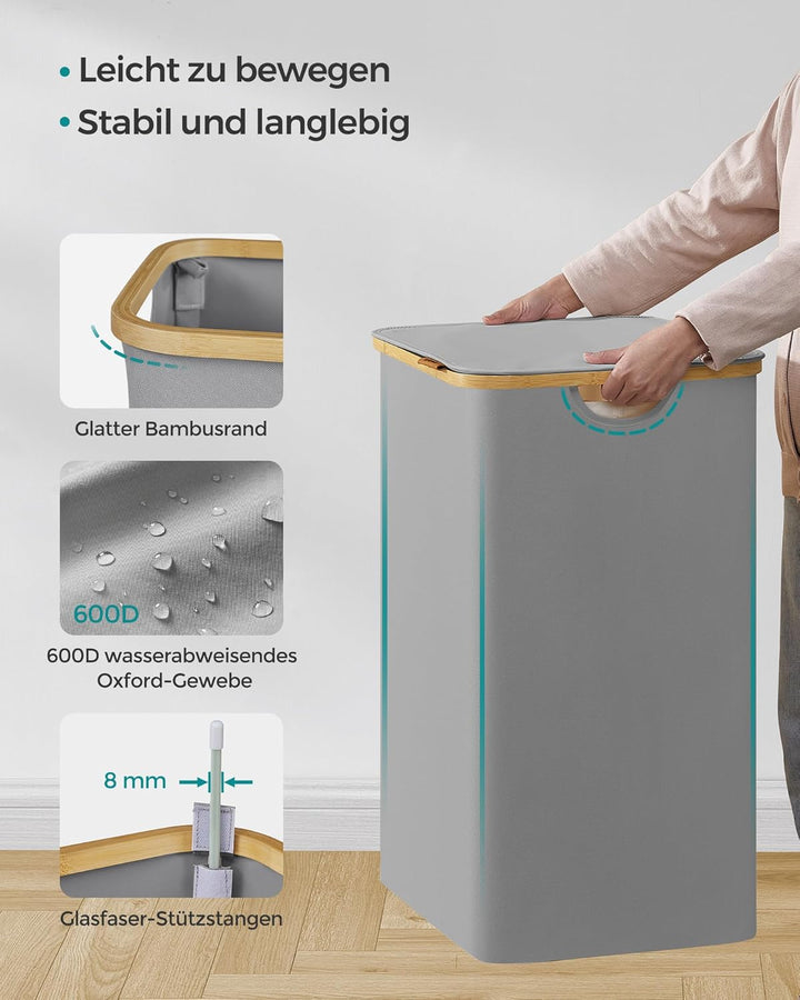 SONGMICS Wäschekorb mit Deckel, Wäschesammler mit 2 Fächern, 130 L, herausnehmbarer Wäschesack, Oxfo