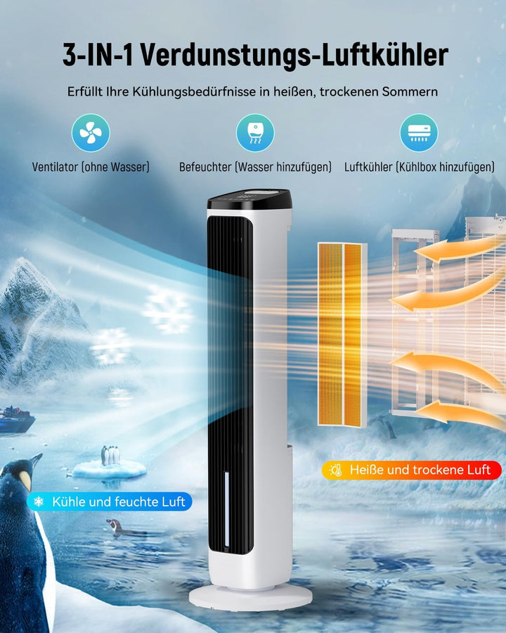 PNTCK Turmventilator mit Wasserkühlung Eispacks, 12H Timer, 4 Modi, 3 Geschwindigkeiten, 80° Oszilla