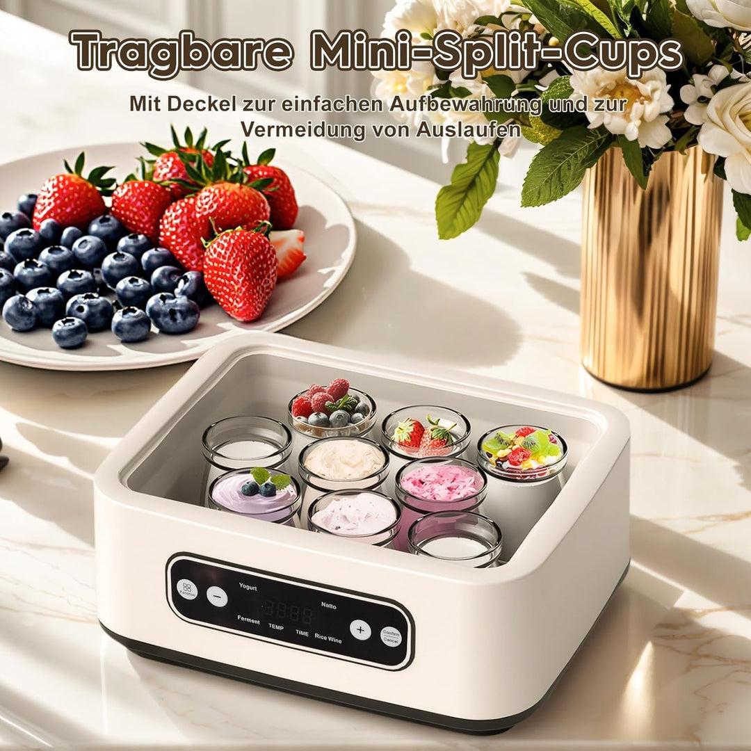 Joghurtbereiter mit einem 1,6-Liter-Edelstahleinsatz und 9 Glasbehälter à 100 ml, Abschaltautomatik