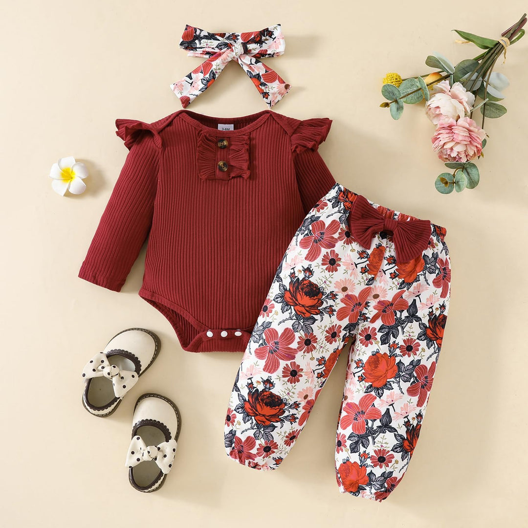 Neugeborenes Baby Mädchen Kleidung Kleinkind Gerippt Ruffle Lange Ärmel Strampler+ Floral Hosen+ Sti