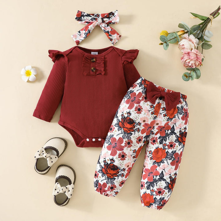 Neugeborenes Baby Mädchen Kleidung Kleinkind Gerippt Ruffle Lange Ärmel Strampler+ Floral Hosen+ Sti