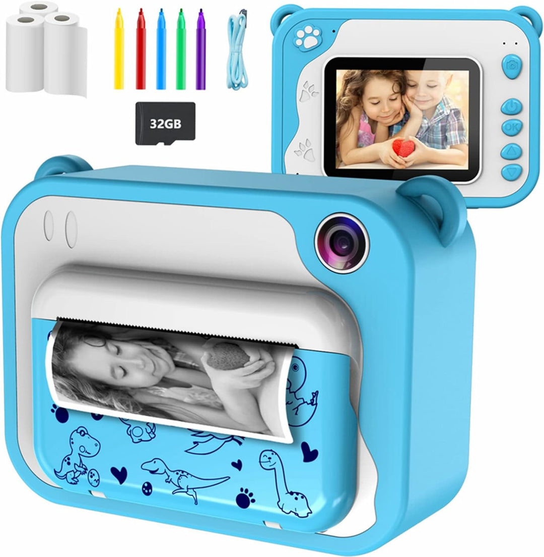 KinderKamera- DigitalKamera Sofortbildkamera Print 1080P 2.4 Zoll Bildschirm Videokamera Schwarzweis