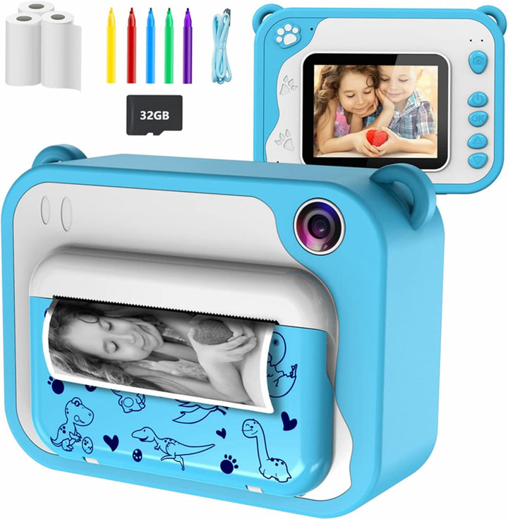 KinderKamera- DigitalKamera Sofortbildkamera Print 1080P 2.4 Zoll Bildschirm Videokamera Schwarzweis