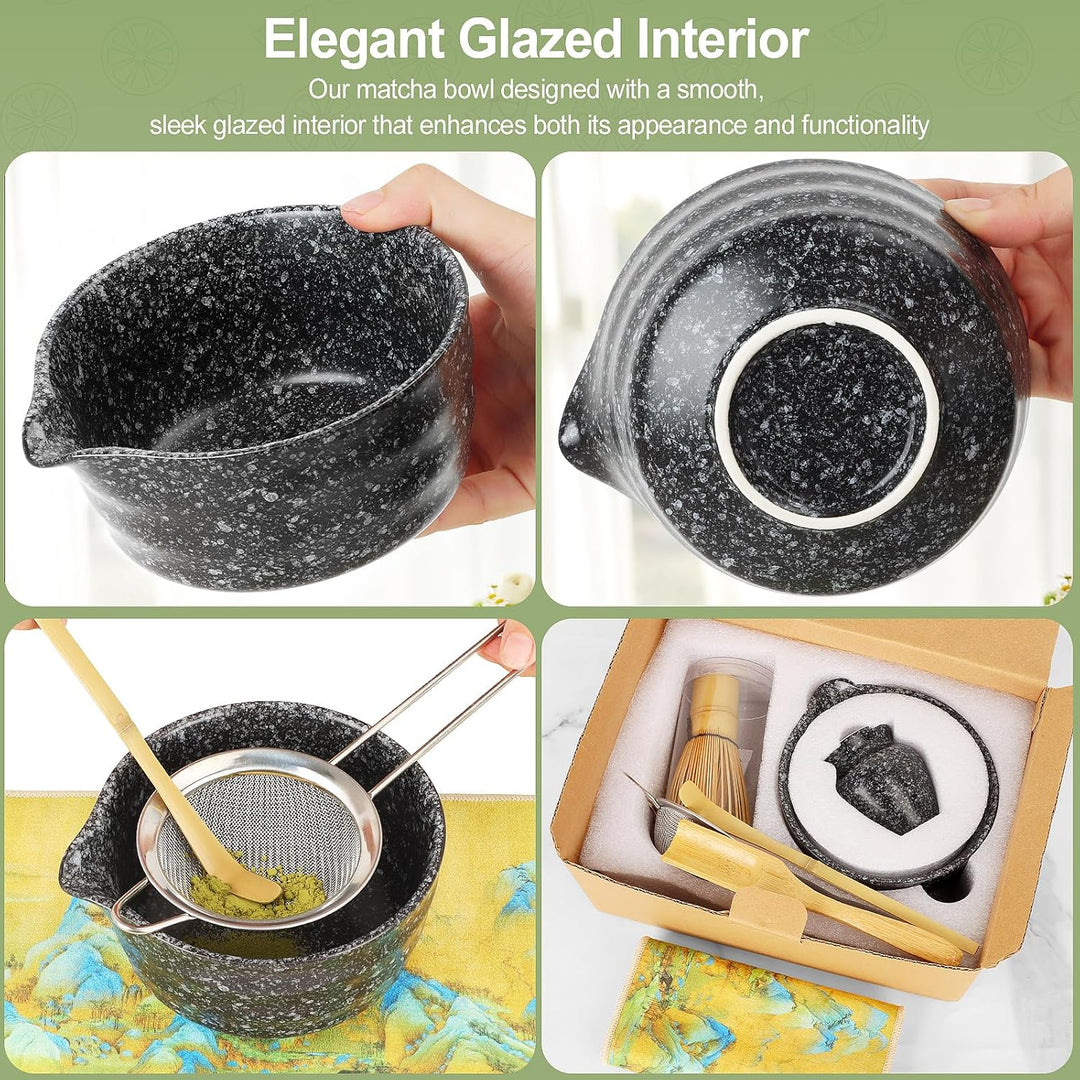 HuiJuKeJi 7 Stück Matcha Tee Set Set mit Besen, Filter, Schale und Löffel (Black), Black