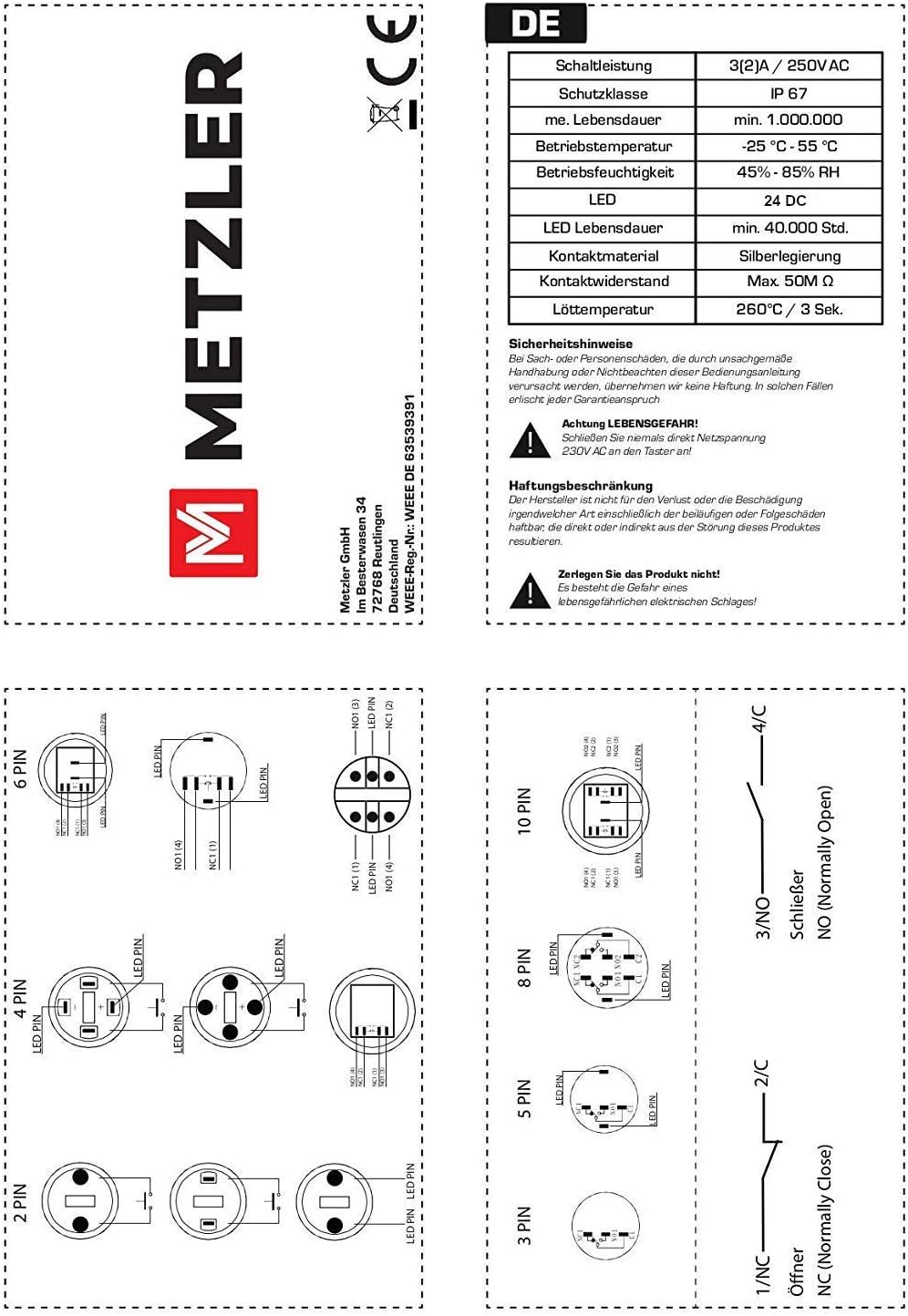 Edelstahl Drucktaster Ø40mm, 2-polig, 10 Pin, Symbol Licht LED Ring (Rot), Rot