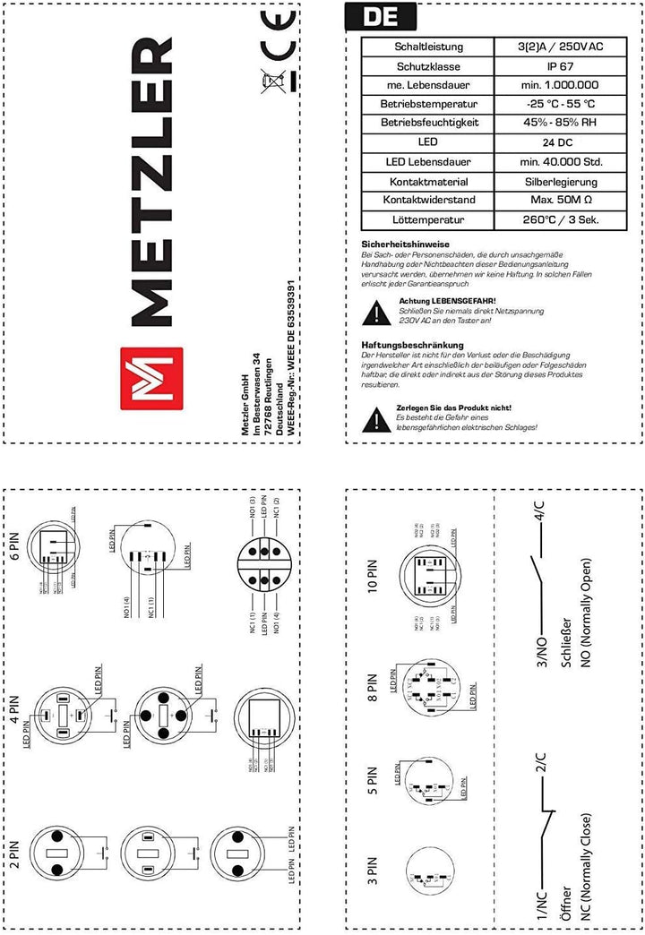 Edelstahl Drucktaster Ø40mm, 2-polig, 10 Pin, Symbol Licht LED Ring (Gelb), Gelb