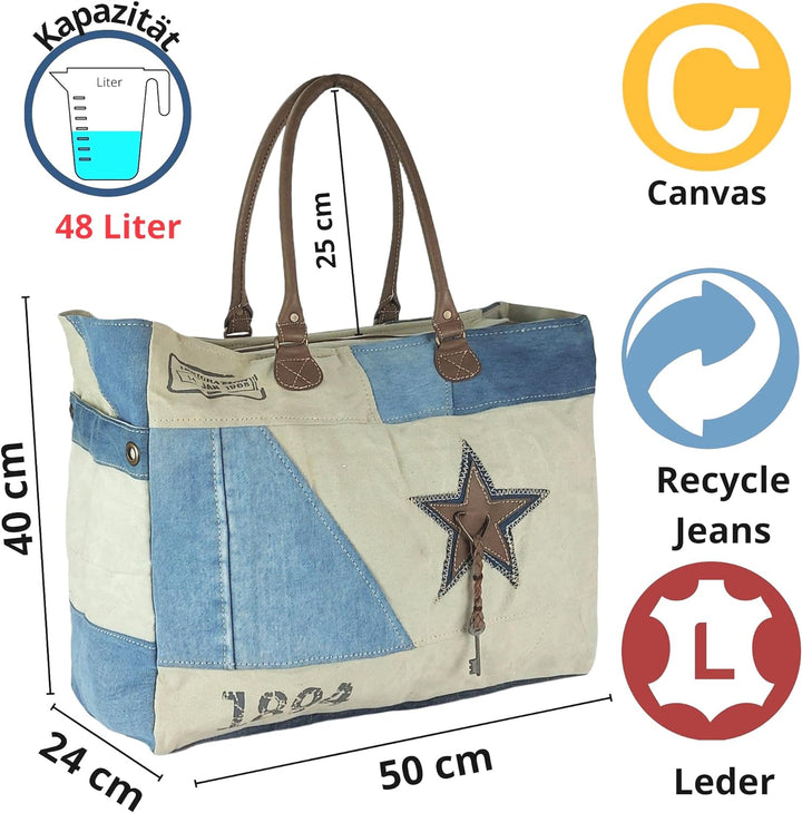 Sunsa Damen Handtasche. XXL Tasche aus Canvas recycelte Jeans & Leder. Nachhaltige Strandtasche/Week