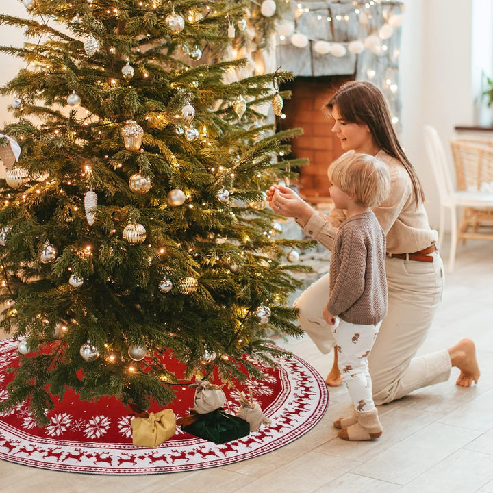 Dremisland Grosse Weihnachtsbaum Rock, 122cm Rot Gestrickte Christbaumdecke mit Schneeflocken Rentie