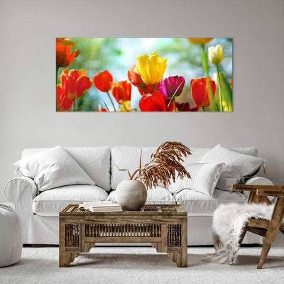 Wandbilder Dekoration Wohnzimmer Tulpe Blume Plantage Wiese Panorama Bilder auf Leinwand 120x50cm Le