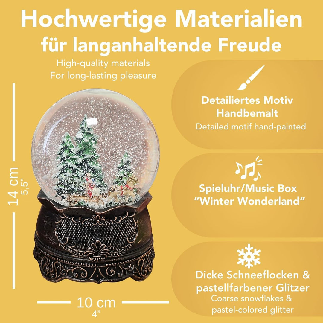 Schneekugel Weihnachten mit Musik | Weihnachtsbaum Holen | Schlittenfahrt Winterwald | Sockel Kupfer