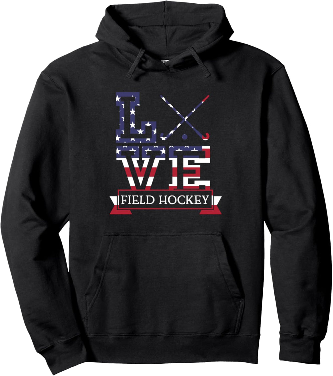 Love Field Hockey Stick USA American Flag Themed Coach Gift Pullover Hoodie