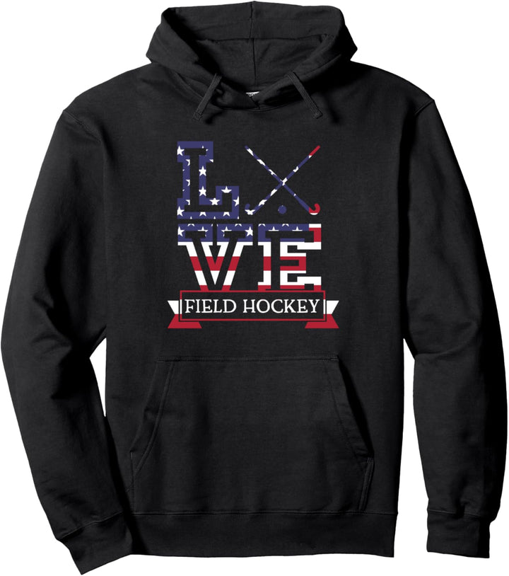 Love Field Hockey Stick USA American Flag Themed Coach Gift Pullover Hoodie