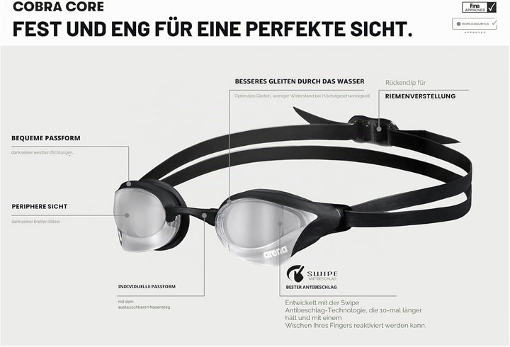 ARENA Herren Cobra Core Swipe Mirror Schwimmbrille (1er Pack) Einheitsgrösse Silver, Einheitsgrösse