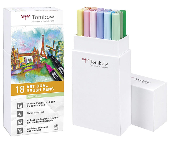 Tombow ABT-18C-5 Fasermaler Dual Brush Pen mit zwei Spitzen, 18-er Set, pastellfarben