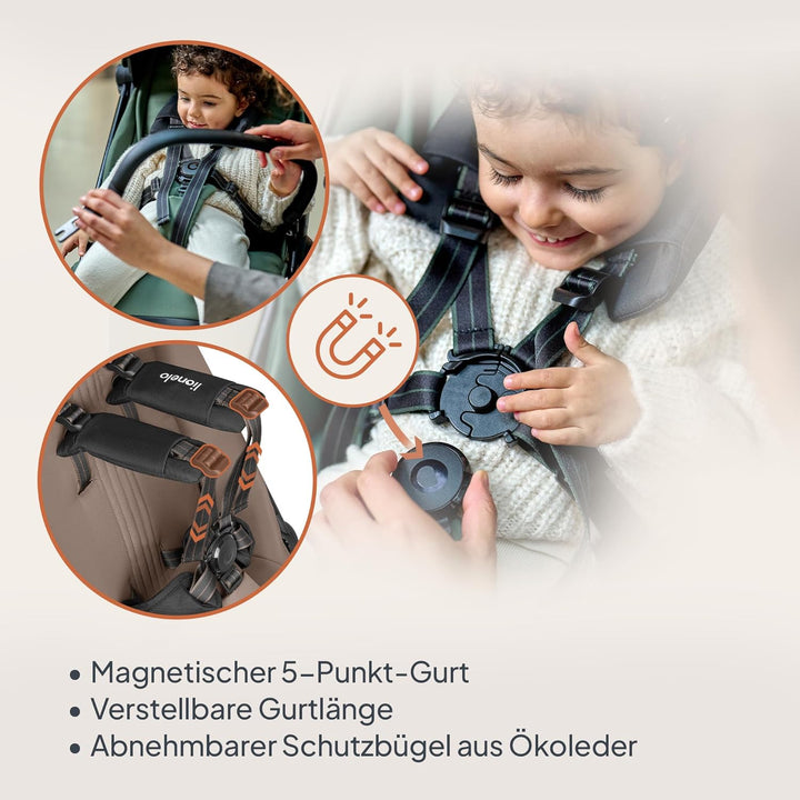 Lionelo Buggy Bess bis 22 kg von 6 Monaten bis 4 Jahren 360°-PU-Schwenkräder, Einhand-Klappfunktion,