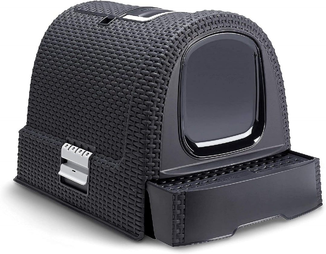 Curver 2068961 petlife Katzentoilette mit Deckel, Katzenklo inklusive Schaufel, moderne Rattangeflec