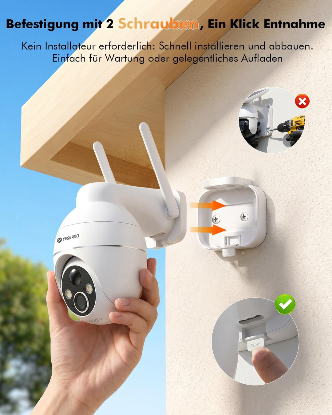 YESKANO Überwachungskamera Aussen Solar, 2K Kamera Outdoor mit 360°-Überwachung, Wlan Kamera Akku, F