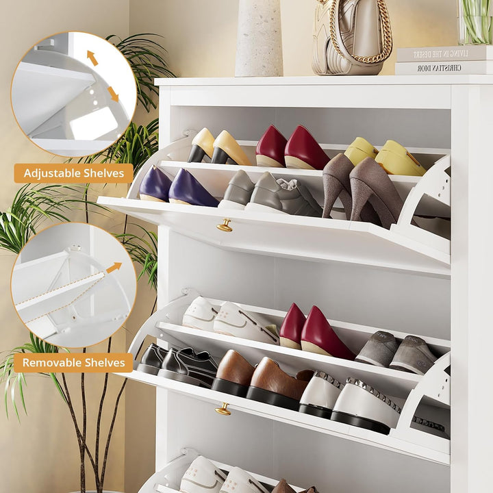 VOWNER Schuhschrank mit 3 Klappen, Schuhregal Schuhkipper Schmal, Schuhschrank Weiss, mit 6 Fächern,