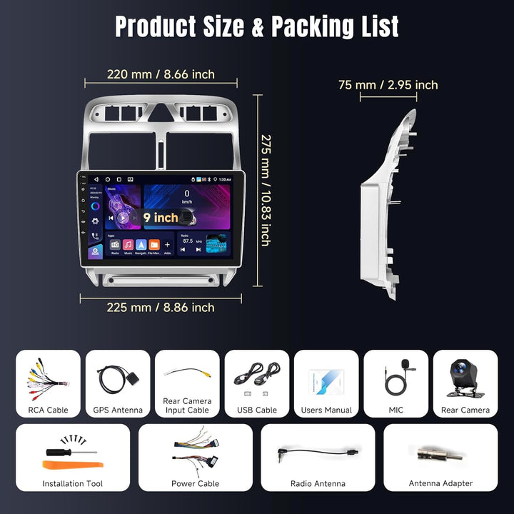 Podofo Carplay Android Autoradio für Peugeot 307 2002-2013,2G++64G,9" Touchscreen HiFi Android Auto