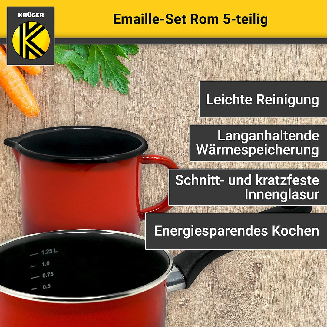 Krüger Emaille-Set Rom 5 teilig - Emaille-Topfset aus Fleischtopf, Stieltopf und Milchtopf - Töpfe m
