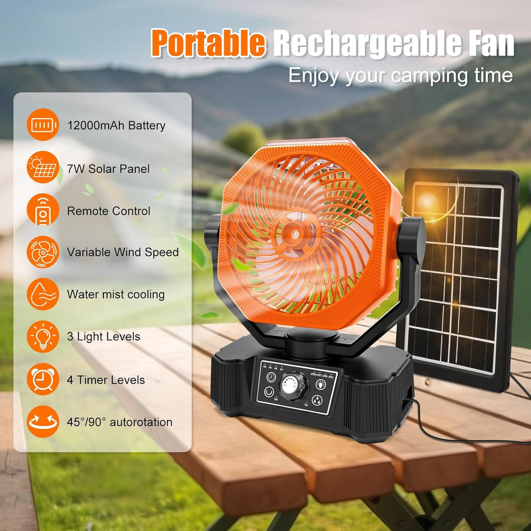 Camping Ventilator mit Wasserkühlung, Solarpanel, licht, 12000mAh Solarventilator Outdoor, Wiederauf