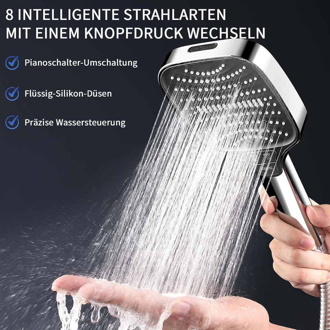 Verchromter Duschkopf mit Schlauch und Wandhalterung – 4-Tasten Handbrause mit 8 Strahlarten, Glänze