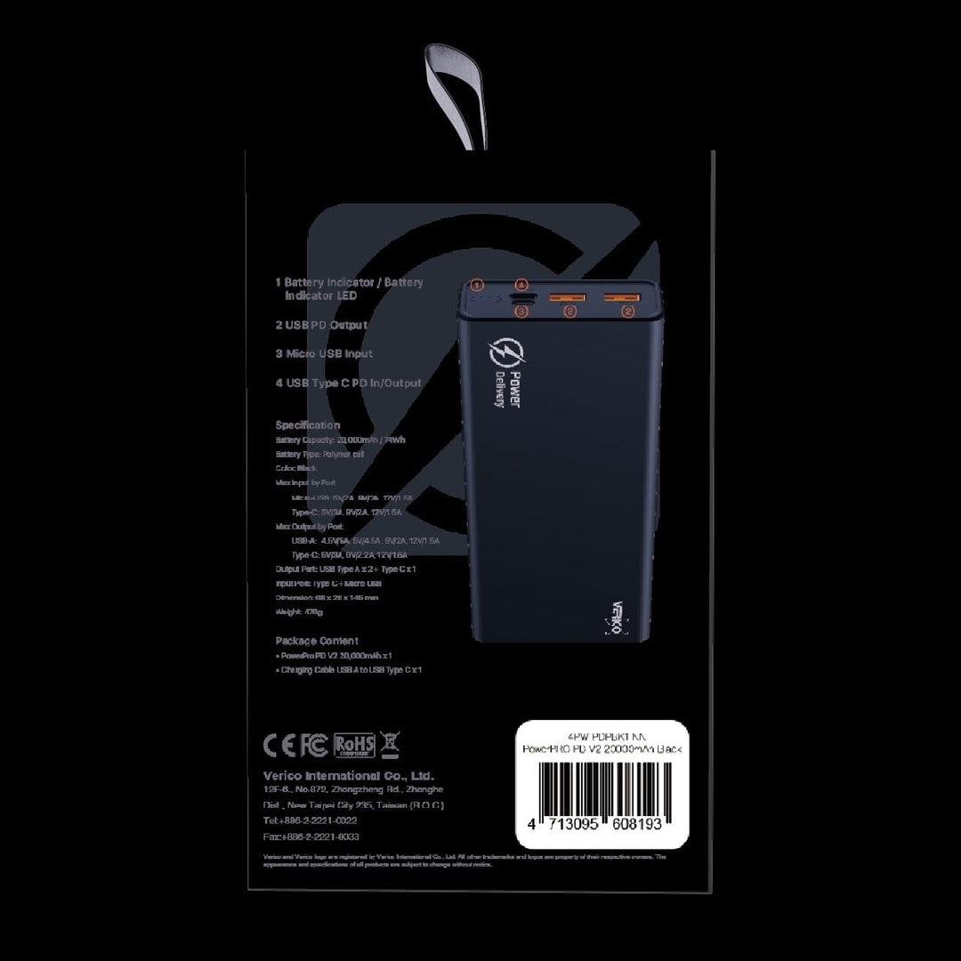 VERICO Power Bank Power Pro PD 20000 mAh Power Delivery, LiPo Lithium Polymer, externer Akku, extern