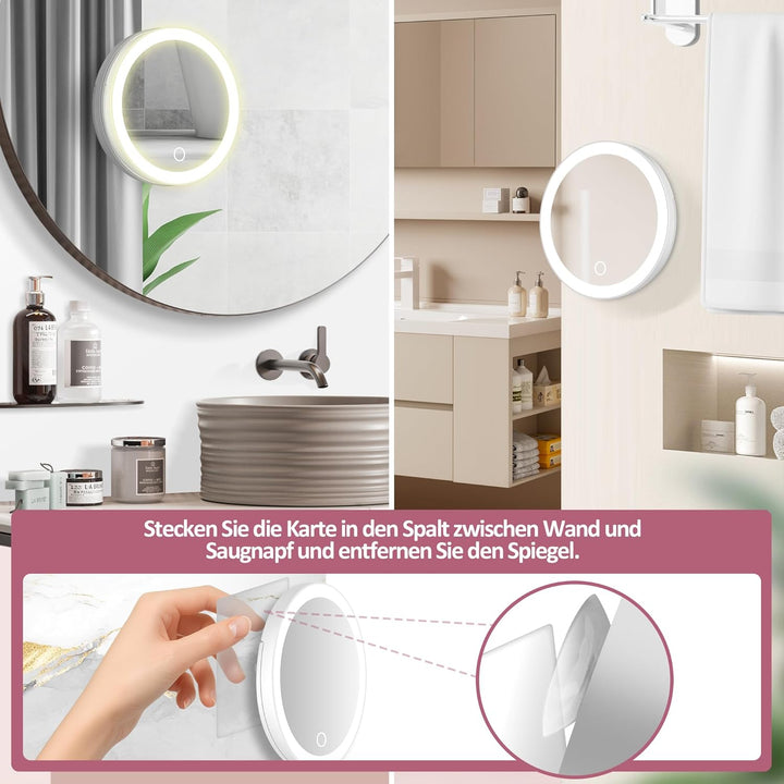 Kosmetikspiegel mit Beleuchtung, 30-Fach Vergrösserungsspiegel mit Saugnapf, 3 Farben beleuchtbar un