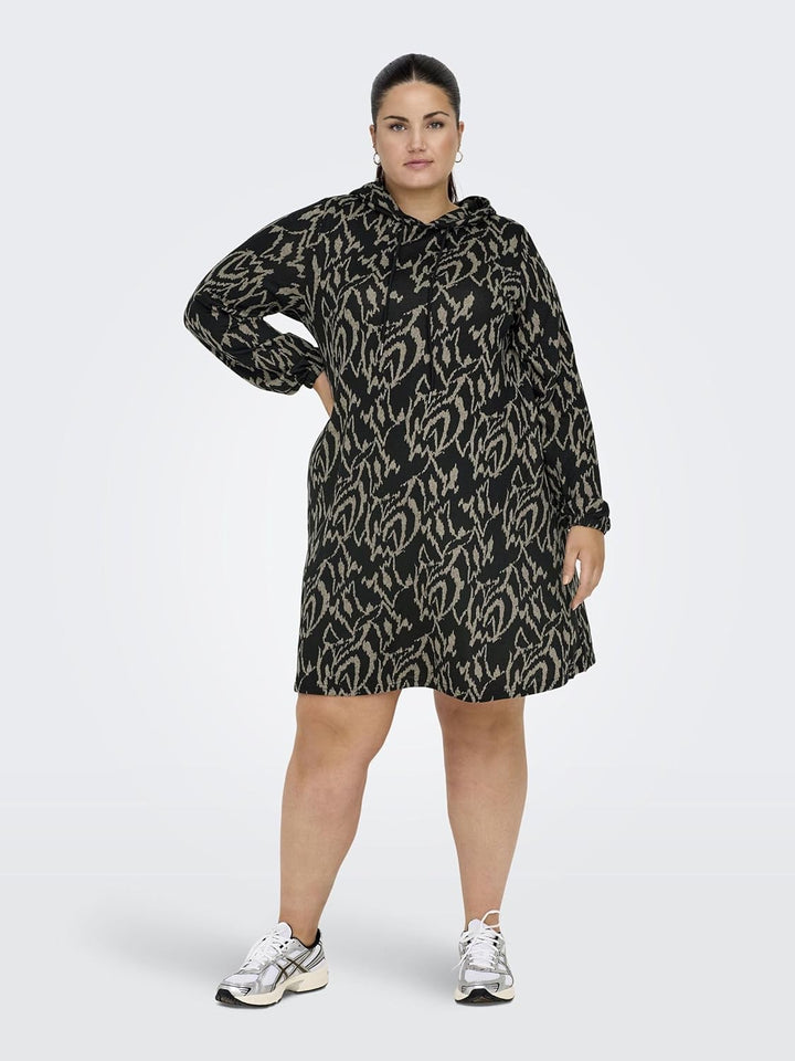 ONLY Carmakoma Damen Caralba Ls Hood Knee Dress JRS Kleid XL Grosse Grössen Black/Aop:graphic Humus,