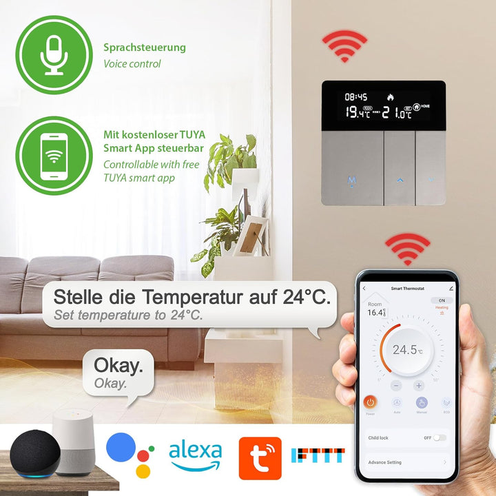 Smart Wifi Thermostat mit App für Fussbodenheizung Heizkörper Digital Regler, WiFi Thermostat