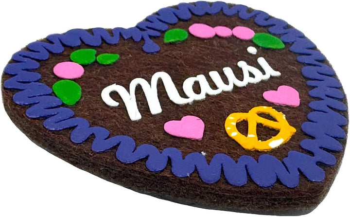 4er-Set Filzherz Anstecker MAUSI im Lebkuchenherz-Design (7 x 6,5 cm) - Oktoberfest Volksfest Wiesn
