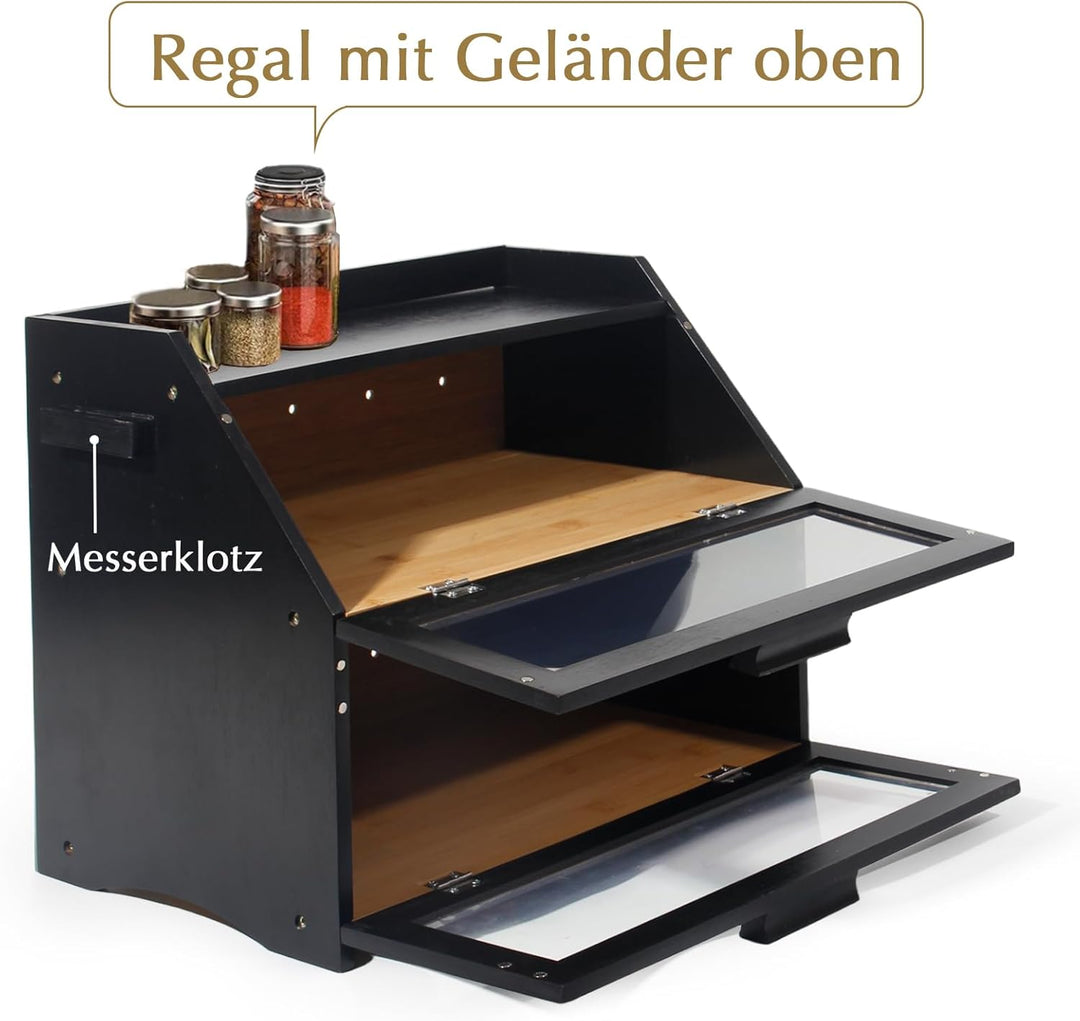 Bambus Brotkasten mit Belüftung, Grosser Brotbox, 2 Etagen und Sichtfenster, Holz Brotbehälter für H