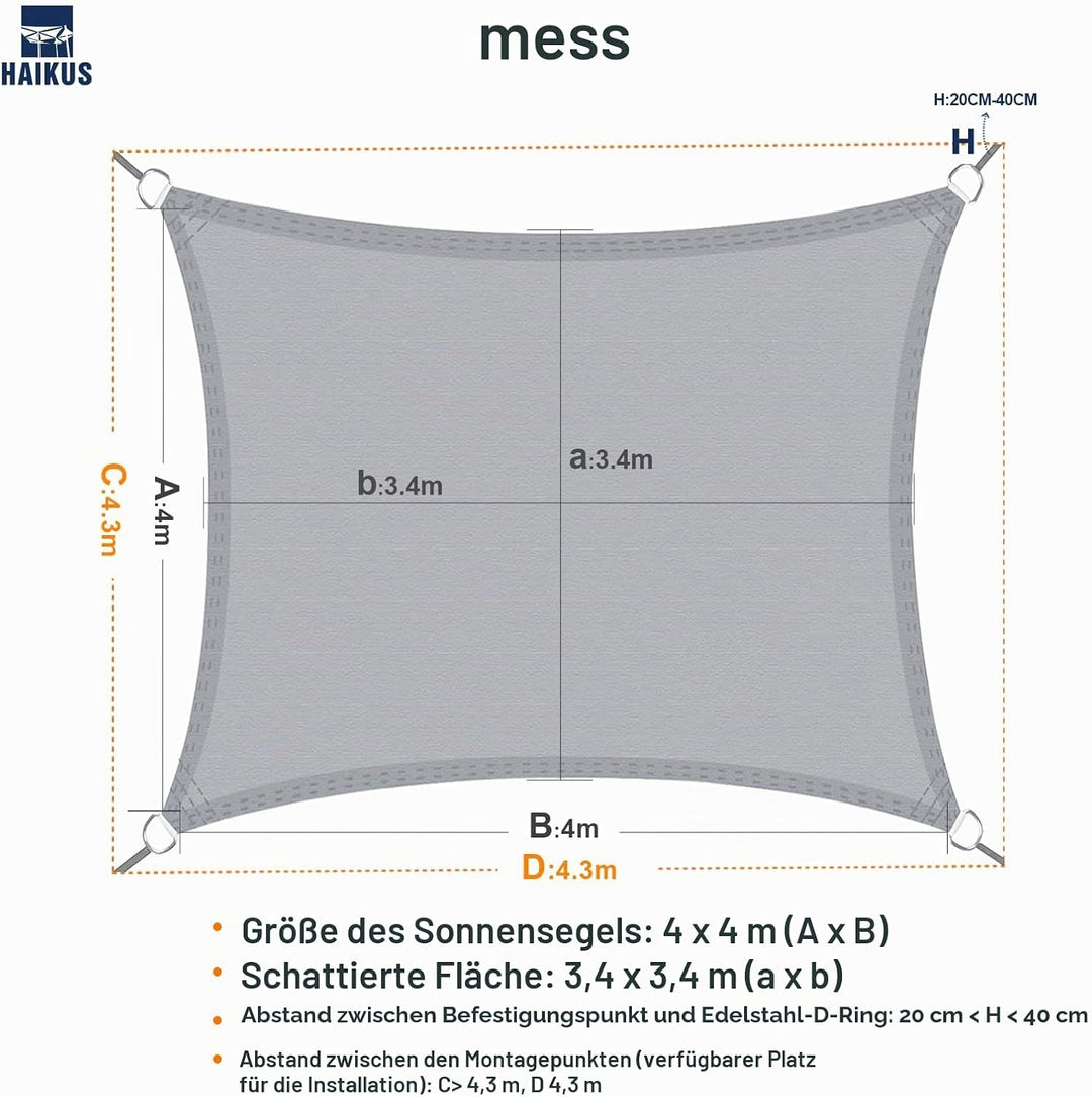HAIKUS Sonnensegel Wasserdicht Rechteckig 4x4m Sonnenschutz Wasserabweisend Premium PES Polyester mi