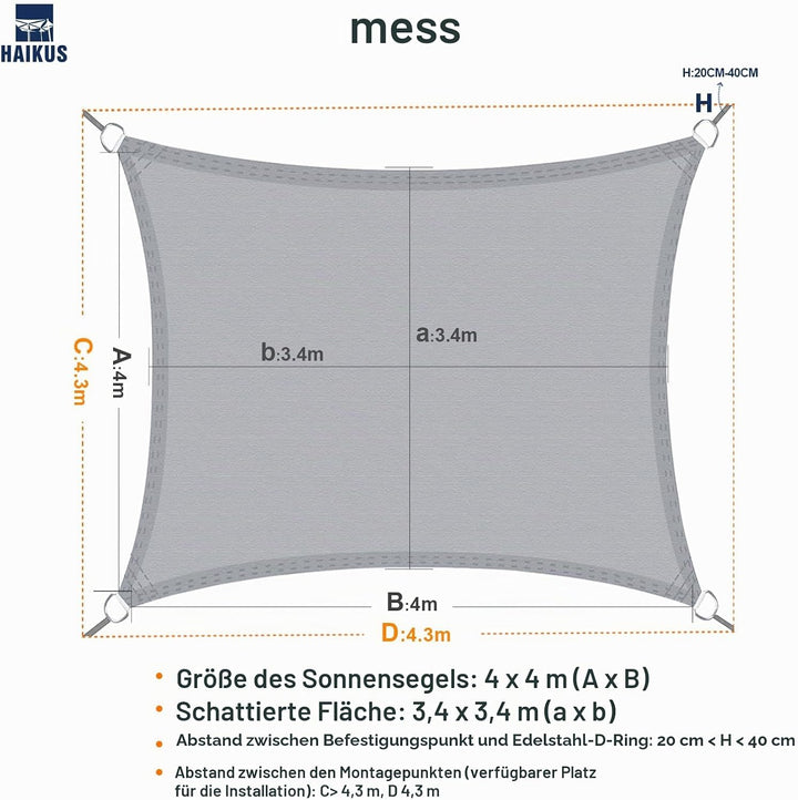 HAIKUS Sonnensegel Wasserdicht Rechteckig 4x4m Sonnenschutz Wasserabweisend Premium PES Polyester mi