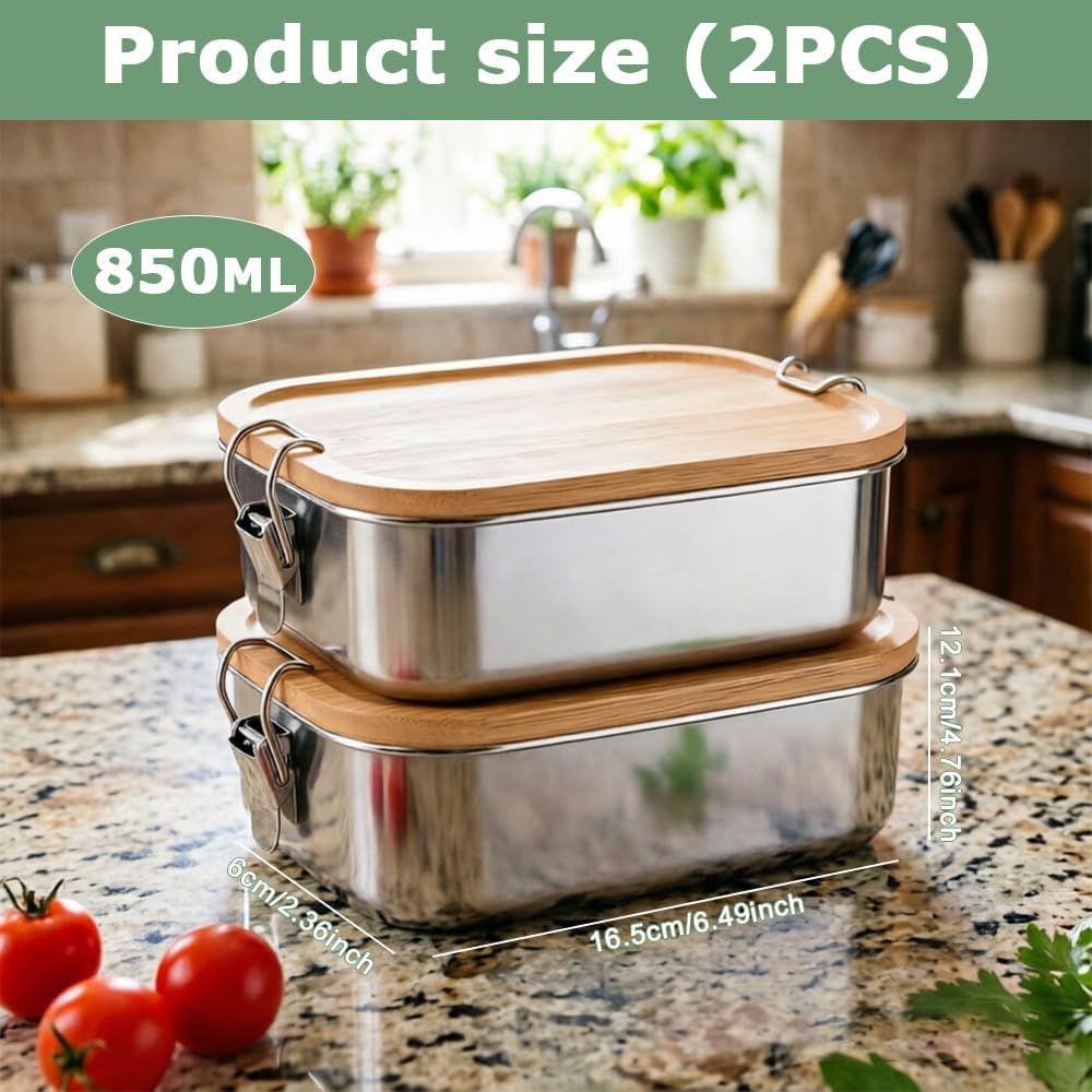 2 Stück Bento Lunchbox für Erwachsene Kinder, 850ML Edelstahl Brotdose mit Holzdeckel&Fächern, BPA-f