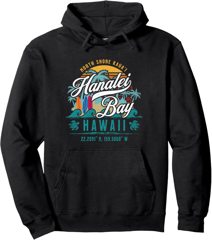 Hanalei Bay North Shore Kauai Hawaii Retro Sun Surf Angeln Pullover Hoodie