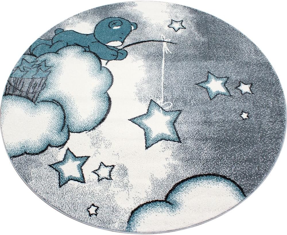 Teppium Kinderteppich für Jungen und Mädchen Bär Muster 80 x 150 cm Blau - Kurzflor Waschbarer Teppi