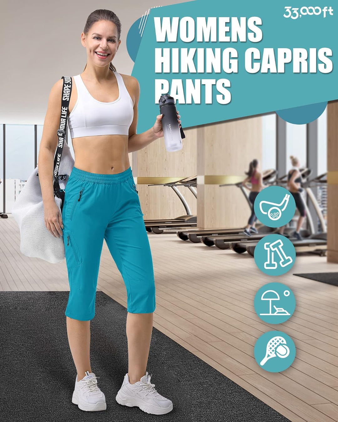 33,000ft Damen 3/4 Hose Capri Wanderhose Stretch Leichte Radhose Taschen Sommer Outdoor Golf Hose 36