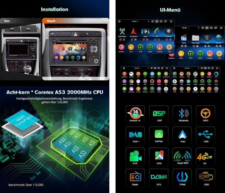 Erisin Android 14 8-Kern 4GB+64GB Autoradio Bluetooth GPS Navi für Audi A4 S4 RS4 8E B9 B7 Seat Exeo