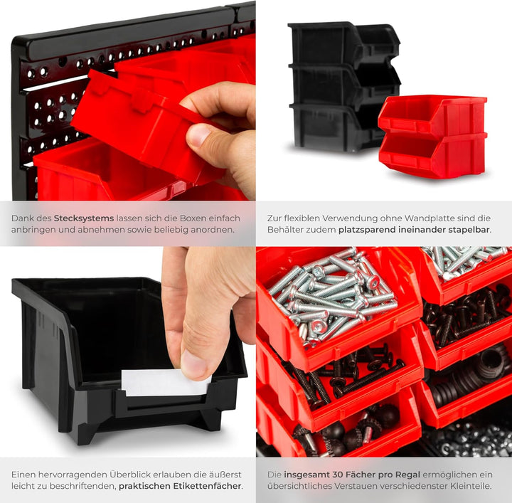 tectake® Werkstatt Wandregal, 62teilig, Stapelboxen, Kleinteilemagazin, Werkzeugwand, Schubladenbox,