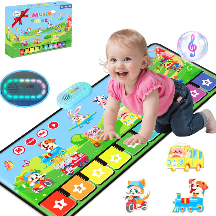 MOMUSE Baby Spielzeug ab 1 Jahr mit 80 Tönen, Upgraded Musik Matte mit 10 Tiere &amp; 10 Autos, Klavierm