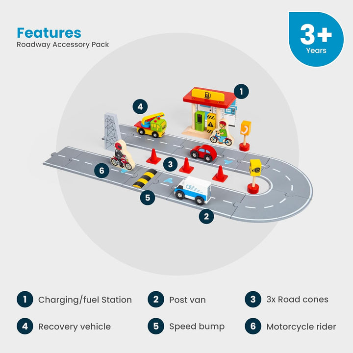 Bigjigs Rail Roadway Car Accessory Pack - 25 Piece Wooden Car Track Accessories with Vehicles, Road