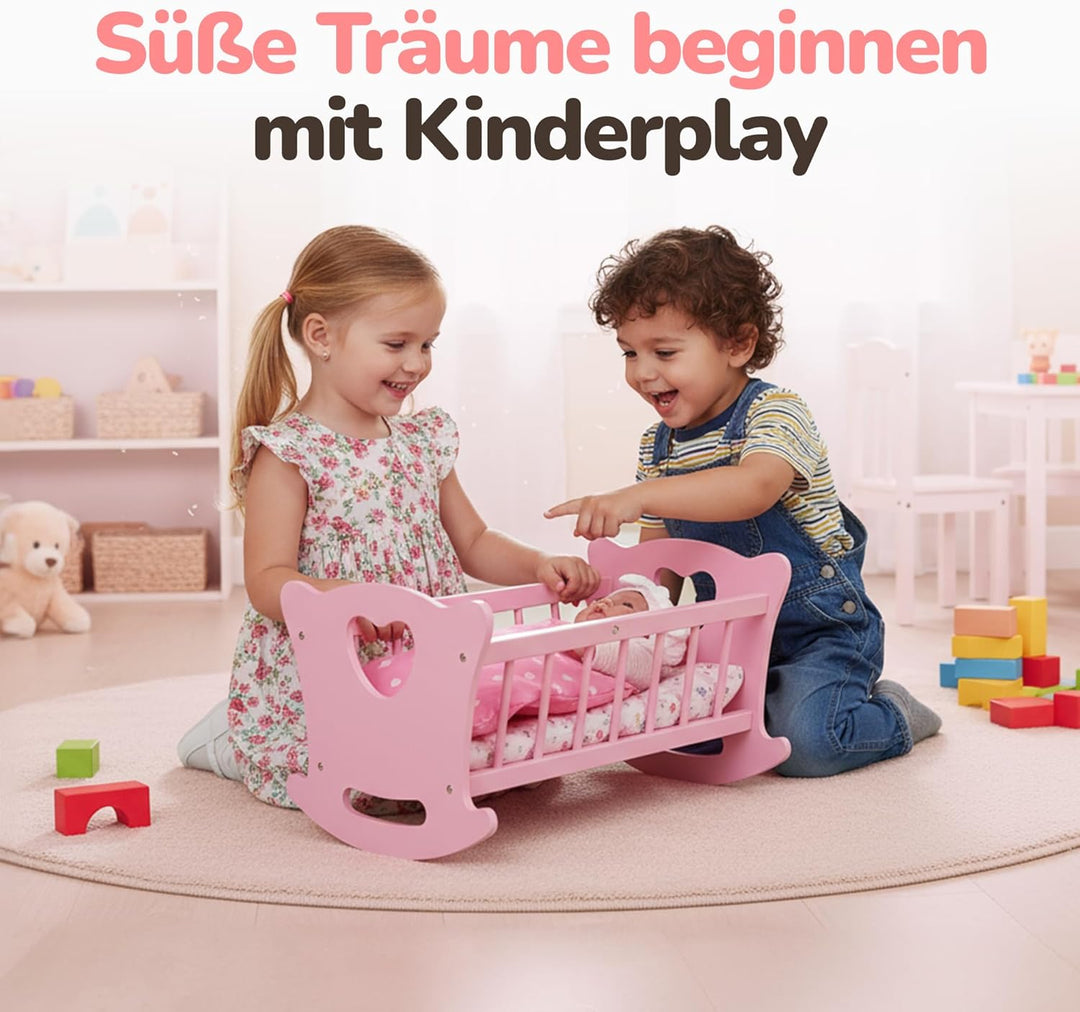 Kinderplay Holz Puppenwiege mit Bettwäsche – Schaukelbett für Puppen bis 49,5 cm – Nachhaltiges Holz