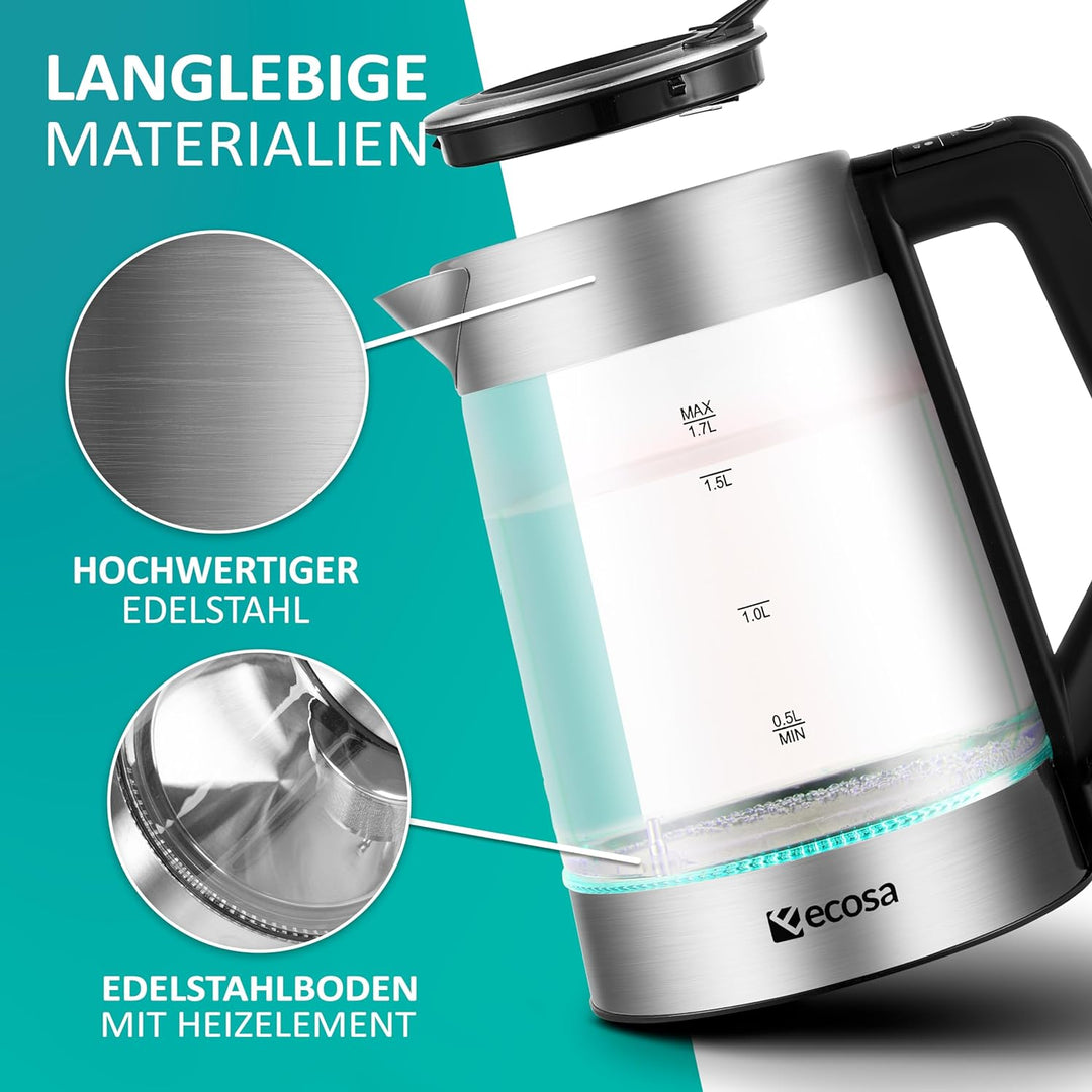 Glas Wasserkocher 1,7 Liter | 2200 Watt | Edelstahl mit Temperaturwahl | Teekocher | 100% BPA FREI |