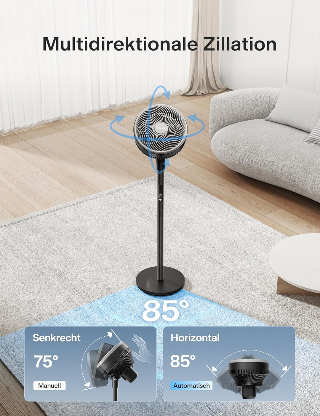 PELONIS Standventilator mit Fernbedienung Touch Display 3D Zirkulation 36.5dB Leise 10m Luftstrom Hö
