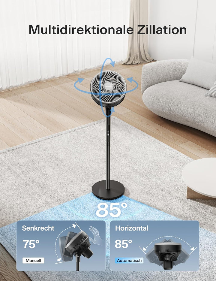 PELONIS Standventilator mit Fernbedienung Touch Display 3D Zirkulation 36.5dB Leise 10m Luftstrom Hö