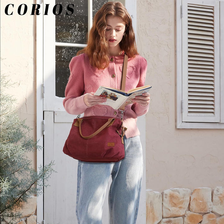 CORIOS Damen Canvas Schultertasche Grosse Kapazität Umhängetasche Casual Handtasche Leichtgewicht To