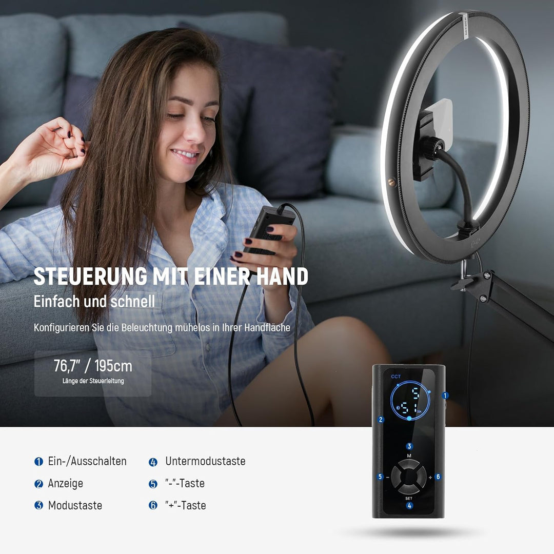 NEEWER RH12 12" 24W Hochleistungs LED Ringlicht Kompatibel mit iPhone 60" Überkopf Faltstativ mit Ha