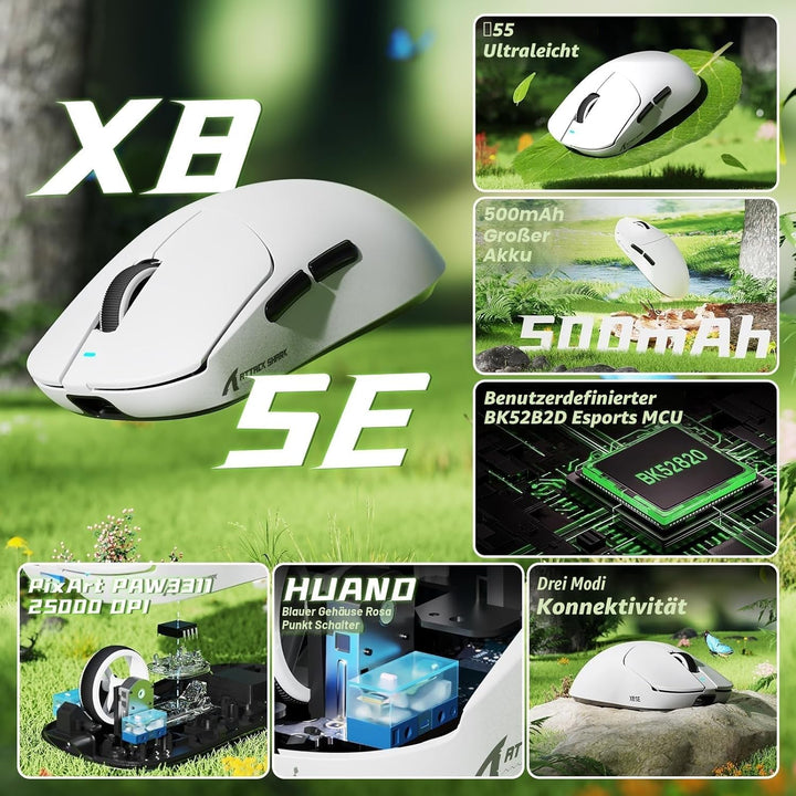 ATTACK SHARK X8SE Kabellose Gaming-Maus, 55g Ultraleicht, PAW3311 Sensor, BK52820 Chip, 25.000 DPI,